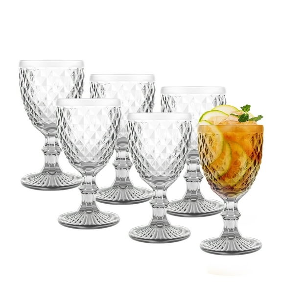6pcs Glass Goblet Vintage, 8.5oz Stemware Wine Glass Sets, Retro Embossed Footed Grey Glassware Wine Goblet for Red Wine, Cocktail, Juice, Beer