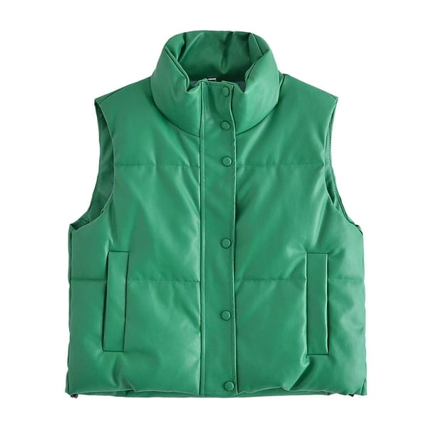 Gibobby Chalecos de mujer de vestir, Chaleco Acolchado para Mujer, Cuello de pie, Ligero, con Cierre(Verde,CH)