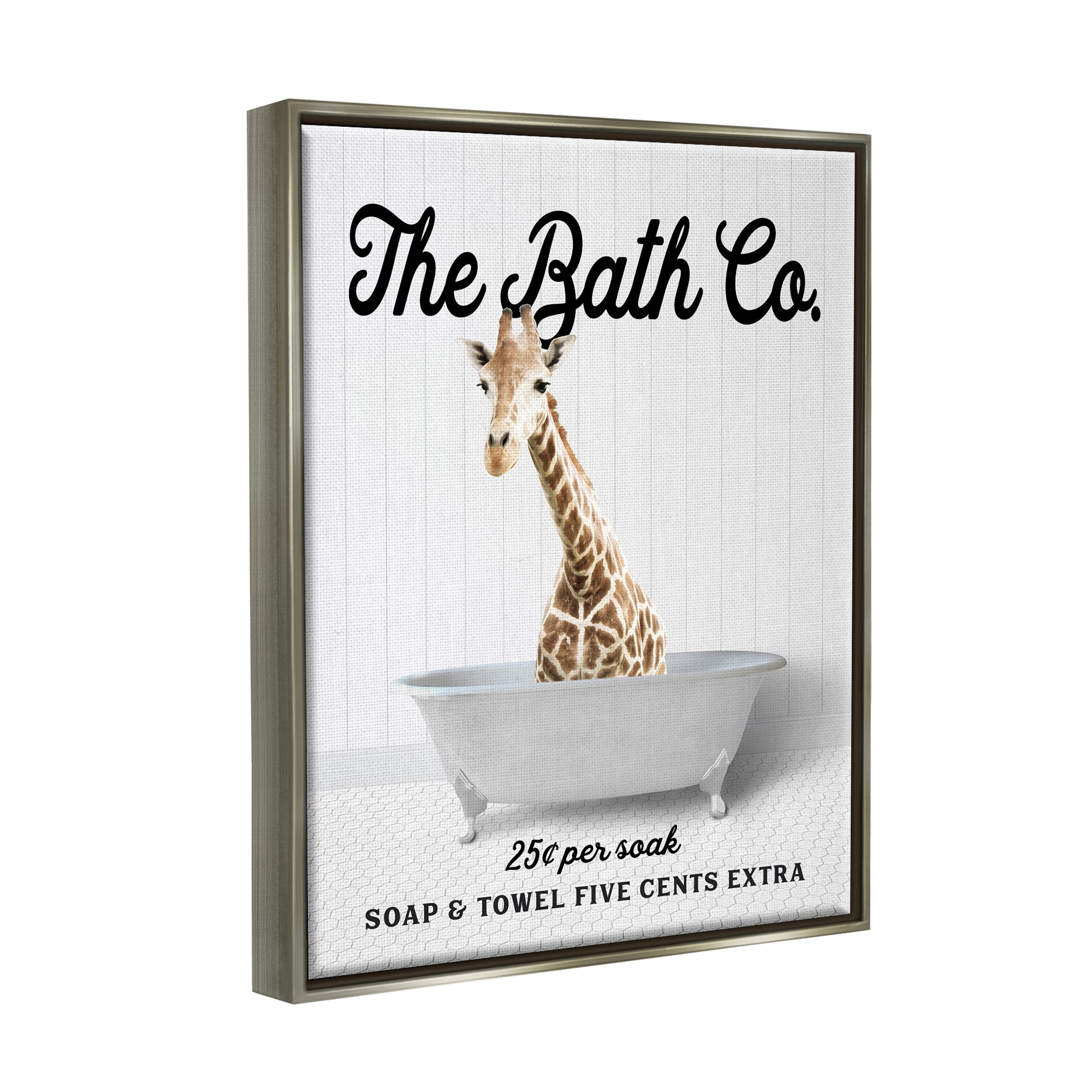 Stupell Industries Vintage Bath Ad Giraffe Animals & Insects Painting Gray Floater Framed Art Print Wall Art, 17 x 21