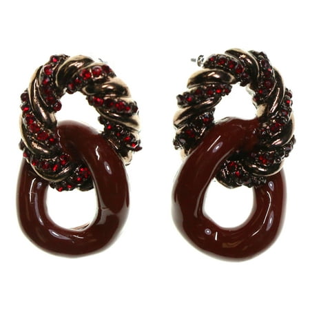 Chain Link Drop Dangle Earrings With Red Crystal Accents Bronze-Tone