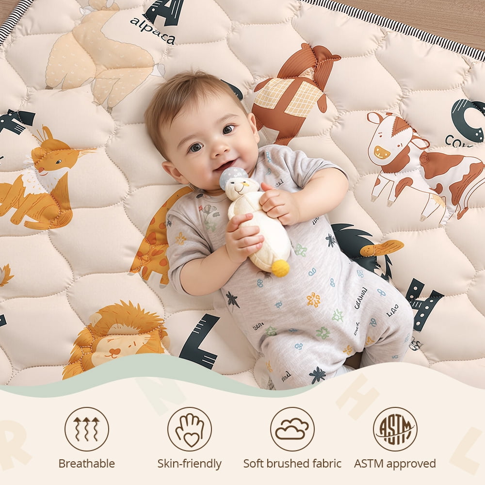 Baby Play Mat, Caveen Thicken Soft Cotton Baby Playmats, Foldable Anti-Slip Floor Crawling Playmat Playpen Mat for Infants and Toddlers, 71"x79", Beige