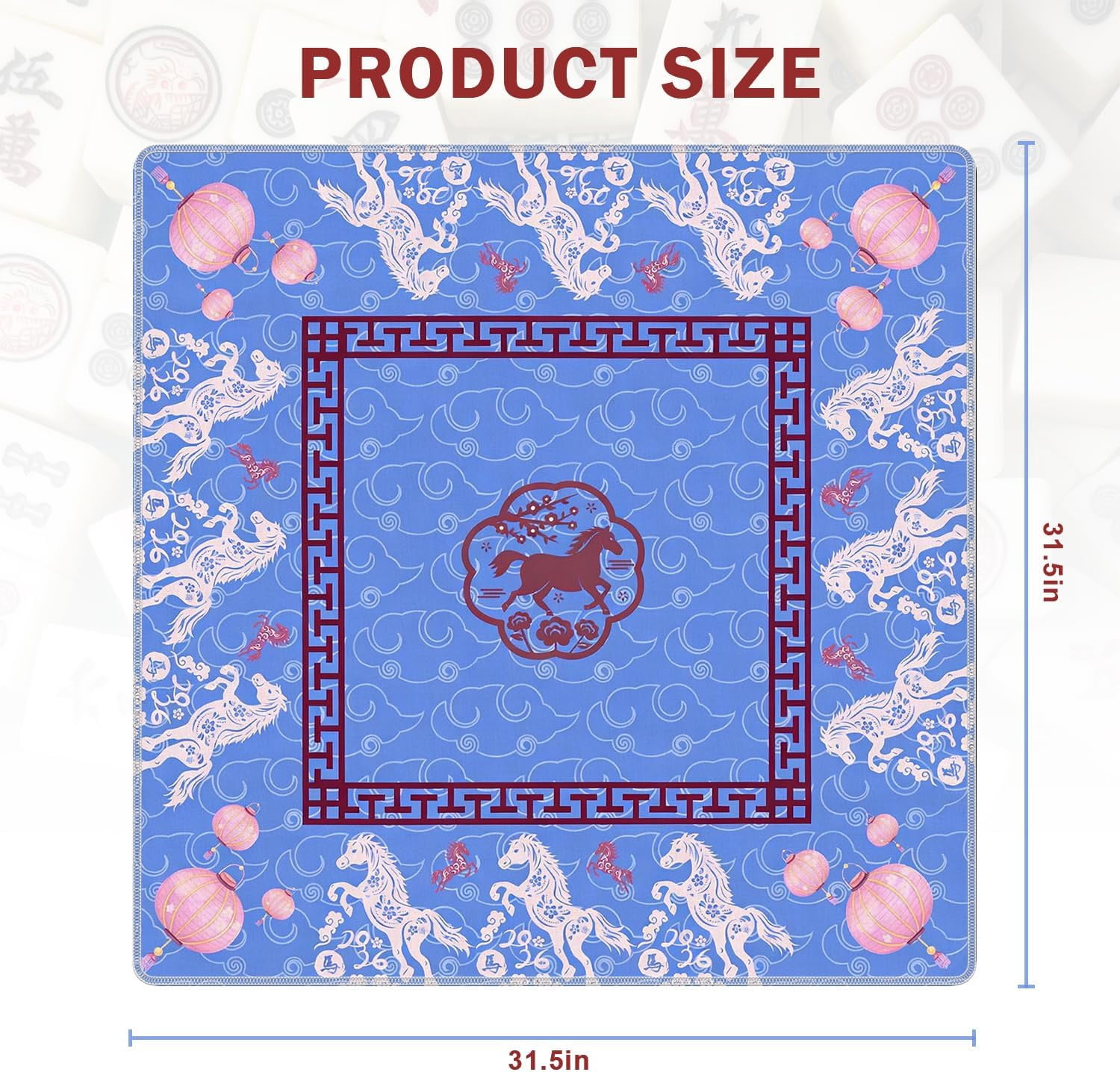 Blue Chinoiserie Horse Lantern Mahjong Mat for Table 31.5 x 31.5 in, Blue and Red Traditional Oriental Horse Non-Slip Noise Reduction Game Table Cover for American Mahjong Card Board Tile Games