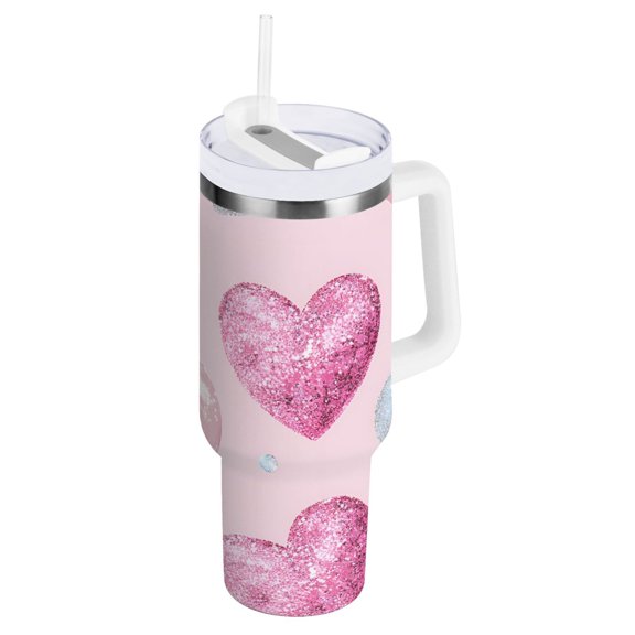 Ryvnso 40 oz Tumbler with Handle and Straw Holographic Glitter Hearts-a3 Insulated Stainless Steel Travel Mug with Lid