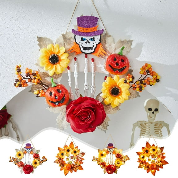Pumpkin Leaf Garland Artificial Autumn Harvest Wreath | Fall Decor | Hanging Wall Decoration for Indoor Outdoor Halloween Thanksgiving | 30x28cm | Multicolor | 1pc