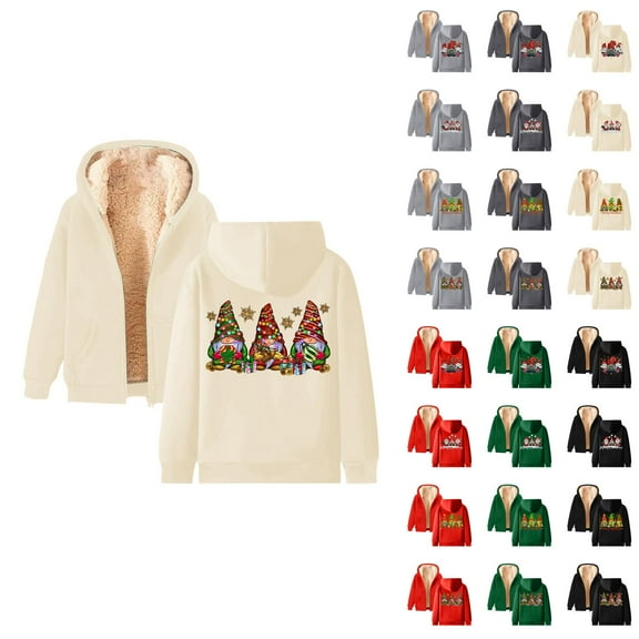 Christmas Heavyweight Zip Up Hoodies for Women Long Sleeve Gnomes Graphic Hooded Sweatshirt with Pockets Jacket Coat