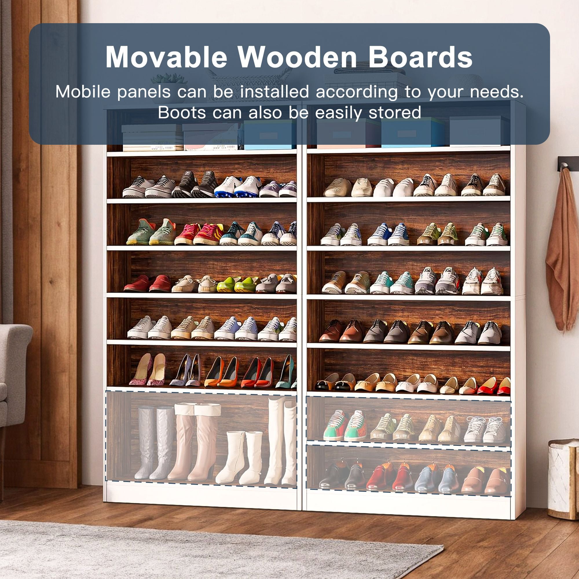 Demi Bonn Wooden Shoe Rack 9-Tier Shoe Storage Organizer Entryway Shoe Shelf, 40-45 Pairs Freestanding Shoe Cabinet, White & Brown