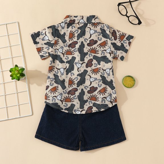 Vedolay Boy Short Sets Outfits 2 Piece T-Shirt Suit Boys Child Cartoon Patterns Short Sleeve Tee Short Set,Beige 12-18 Months