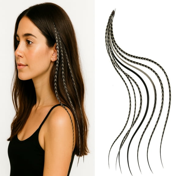 7-10 Beautiful (Thin & Long) Salt & Pepper Remix Feathers for Hair Extension-7 Feathers