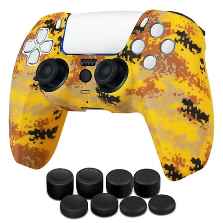 Controller Case for PS5 Silicone Controller Skin Dualsense Cover + 8 Pro Thumb Grips Set Sony Playstation 5 Skins Accessories Camo Yellow with Ergonomic Textured Grip