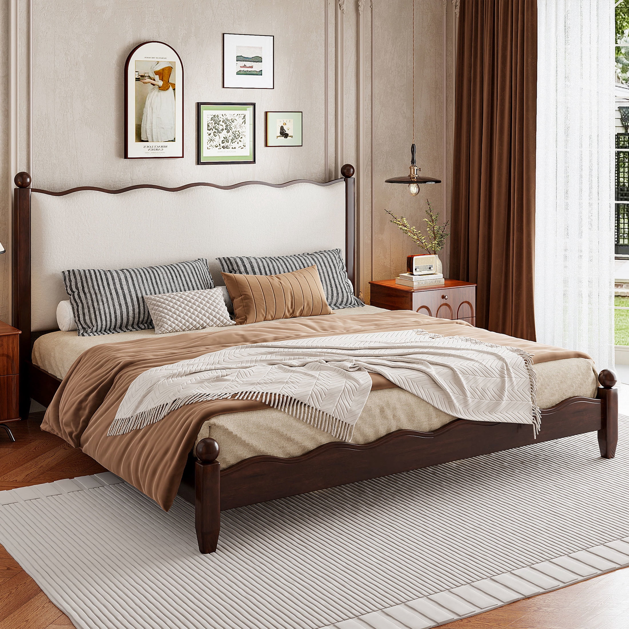 Noble House Lorven Queen Size Platform Bed with Scalloped Upholstered Headboard, Pine Wood Frame, Beige & Espresso