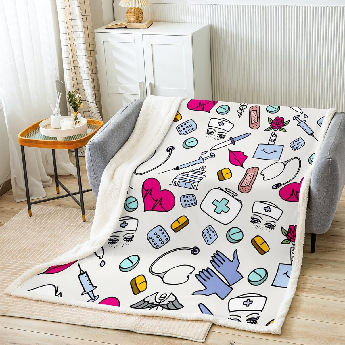 Nurse Gifts for Women,Nursing Throw Blanket Cartoon Sketch Cute Fleece Blanket,Nurse Accessories for Work Blanket 40"x50",Nursing School Essentials Room Decor Nursing Student Gifts