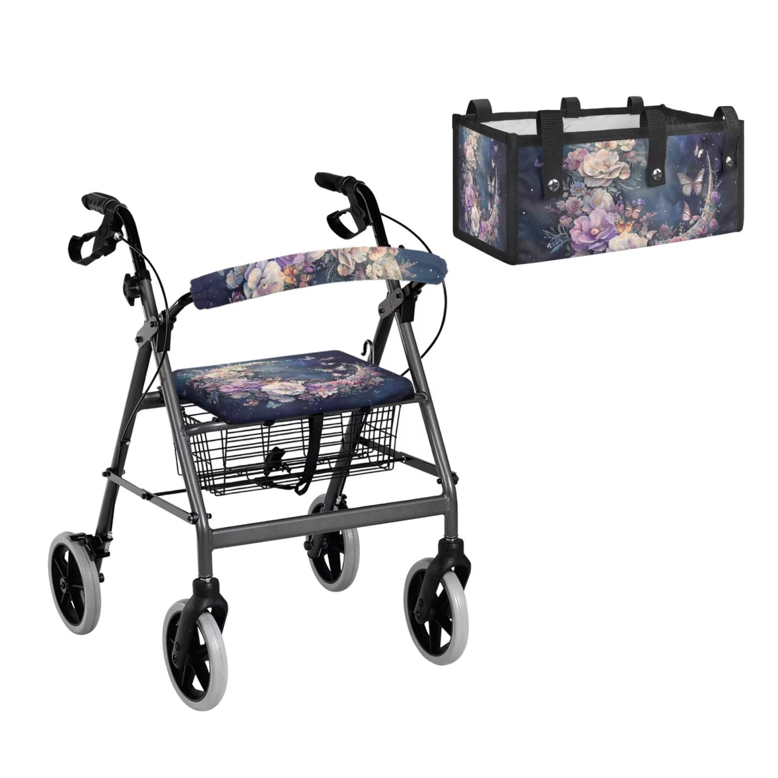 COEQINE Rollator Walker Seat and Backrest Covers with Storage Bag 3 Pieces Set, Universal Washable Rollator Walker Accessories Gifts for Seniors Ladies, Butterfly Floral Moon