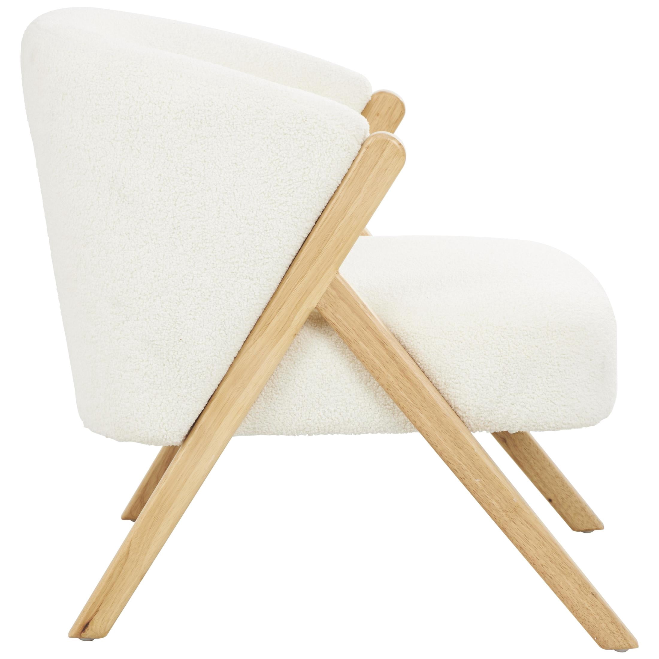 DecMode Polyester Rounded Boucle Lounge Chair with Angled Wooden Legs, White