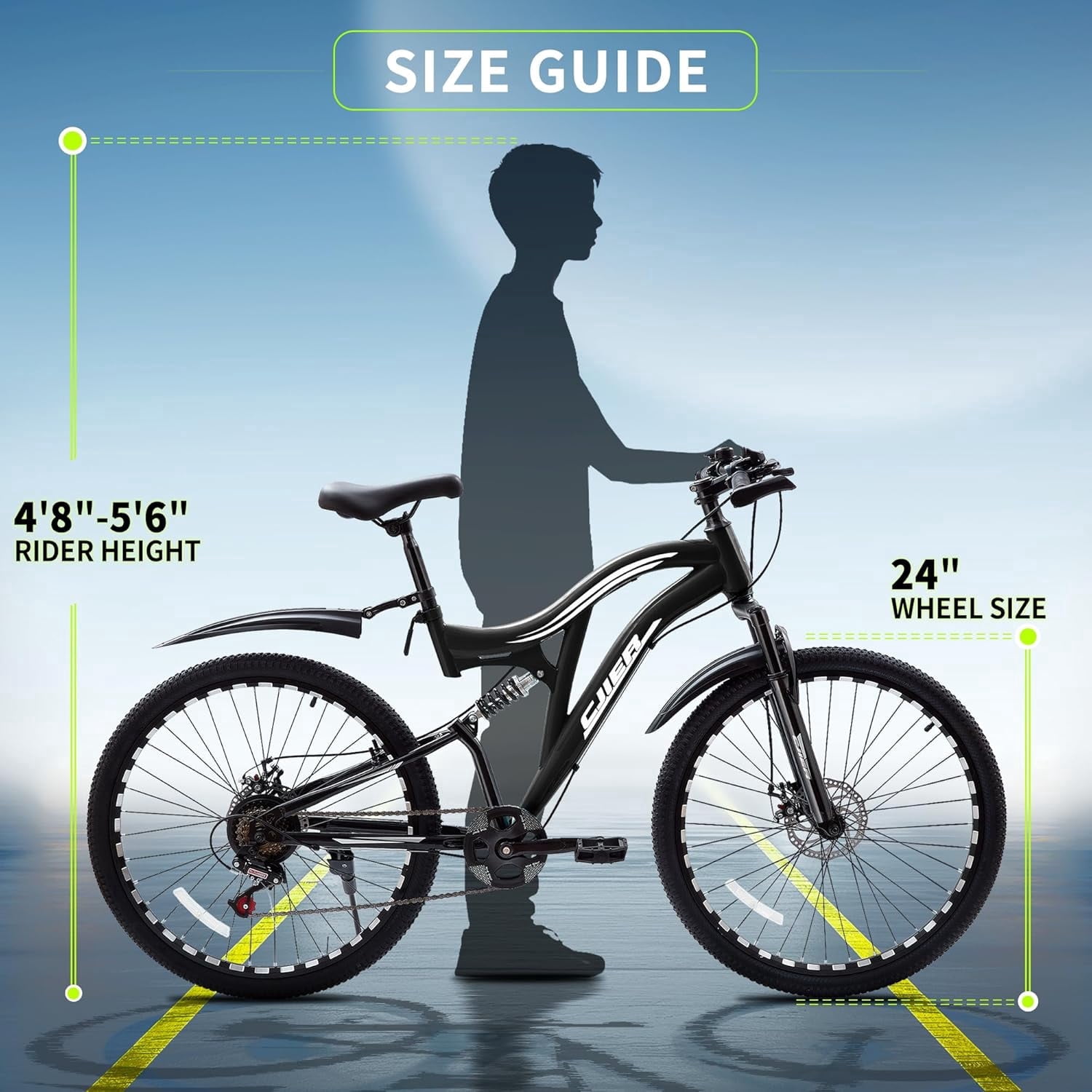 24 Inch Adults Mountain Bike for Women, Cuoote Full Suspension Womens MTB Bicycle with Dual Disc Brake, 7-Speed, High-Carbon Steel Frame
