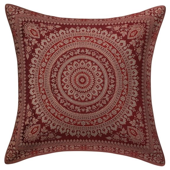 Stylo Culture Indian Brocade Decorative Throw Pillow Sham Cover Maroon 16 x 16 Traditional Jacquard Weave Gold Sofa Cushion Cover 40x40 cm Polydupion Silk Mandala Square Pillow Case | 1 Pc