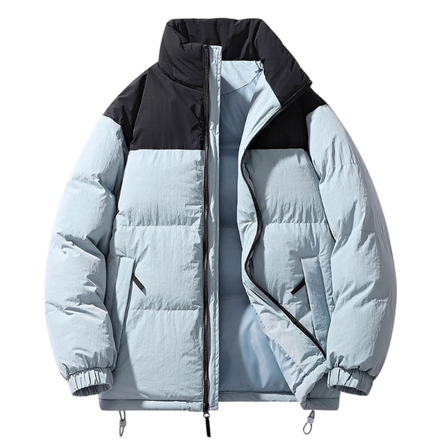 Lovzfmll Men's Color Block Puffer Jacket Stand Collar Heavyweight Quilted Zip Up Light Blue, 3XL