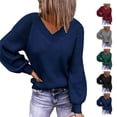thumbnail image 4 of Suéter de manga larga para mujer, informal, suelto, con cuello en V, mangas de burbujas de color puro, suéter de punto para otoño e invierno, azul marino M, 4 of 6