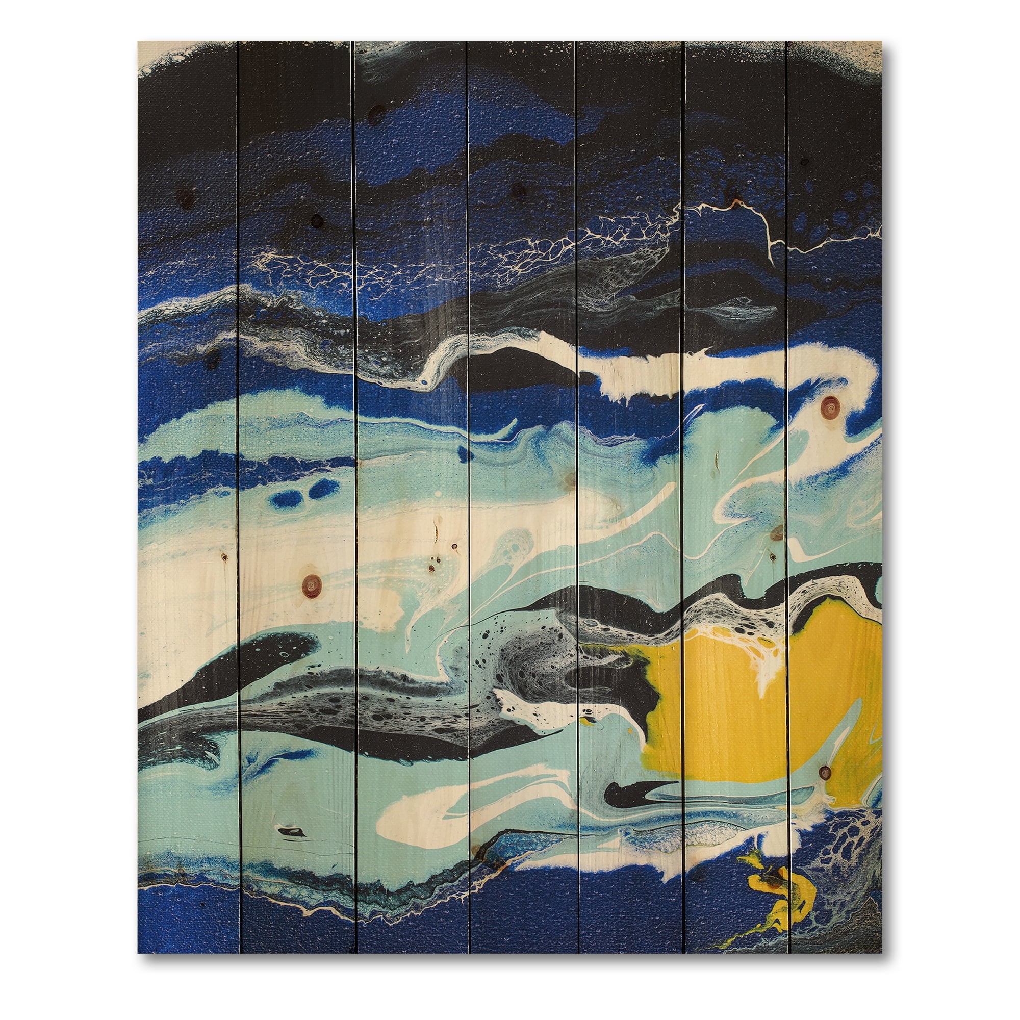 Designart 'Abstract Composition In Blue and Yellow VIII' Modern Print on Natural Pine Wood