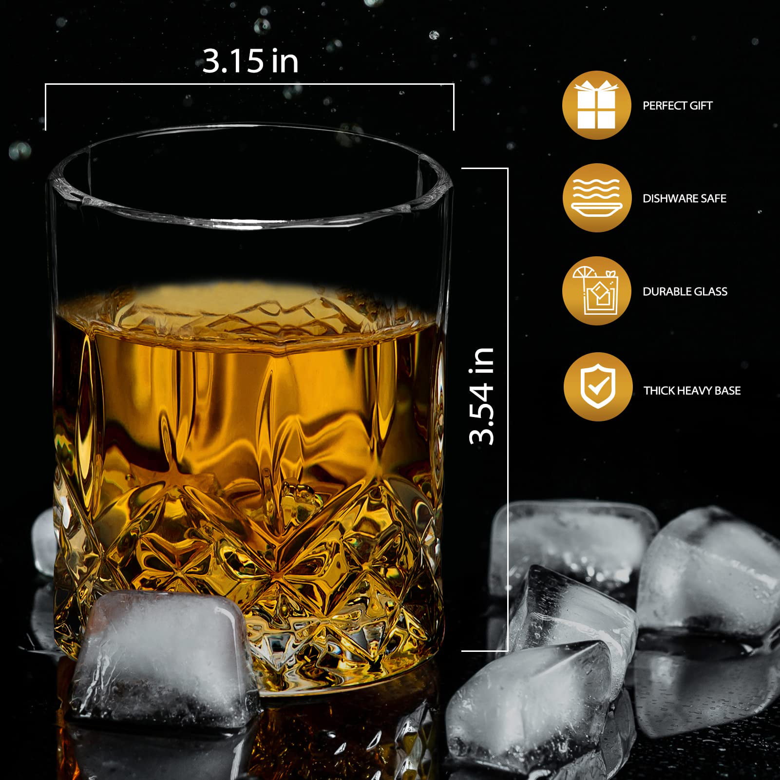 Square Drinking Whiskey Glasses Set of 4, Old Fashioned Glass Cup Bar Set, Stemless Everyday Rocks Whisky Glass Best Present for Men, Scotch