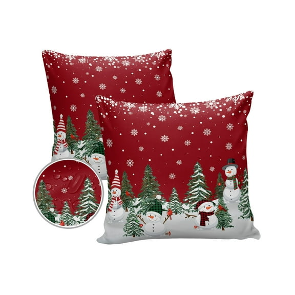 Pack of 2 Outdoor Pillow Covers, Christmas Snowman Snowflakes Xmas Tree Red Texture Waterproof Square Throw Pillowcase Cushion Decorative Pillow Covers for Couch Patio Tent, 18x18 in