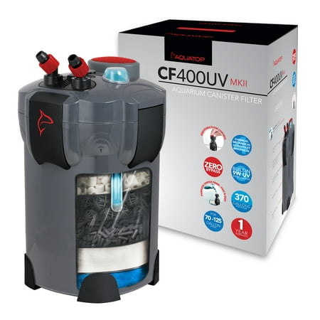 Aquatop Canister Filter 4 Stage UV, 370GPH Super Quiet Vortex Easy Prime for Aquariums up to 125 Gal, all media included, CF400 UV MKII