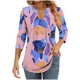 thumbnail image 5 of JTZGDY Womens 3/4 Sleeve Tops Dressy Casual Floral Printed Fall V Neck Outfit Graphic T-Shirts Trendy Basic Ruched Pleated Fall Tunic Blouse for Leggings Purple#02 M, 5 of 7
