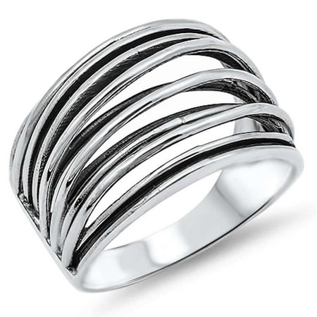 Sterling Silver Solid Fancy Ring - Fancy Design .925 Solid Sterling Silver Ring Sizes 6-10