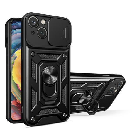 Xilaimitoo for iPhone 15 Case, iPhone 15 Case with Slide Camera Cover, Full Body Military-Grade Case with Upgrade Kickstand for iPhone 15, Black