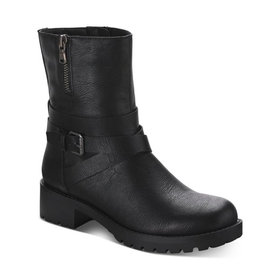 SUN STONE Womens Black Buckle Accent Cushioned Stellaa Round Toe Block Heel Zip-Up Riding Boot 8 M