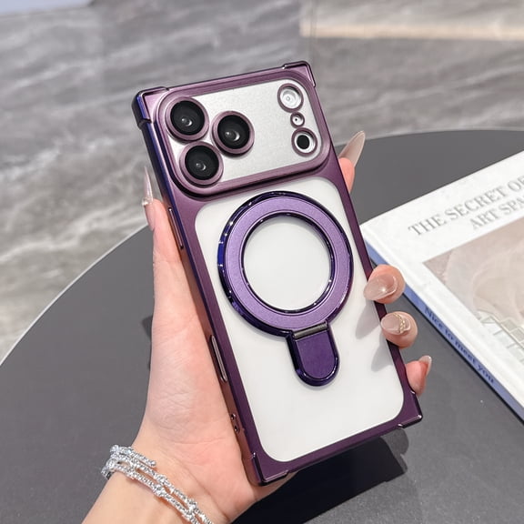 Magnetic Case For iPhone 14 Plus Compatible with MagSafe, Built-in Hidden Ring Stand & Full Camera Lens Protector, Shockproof Slim Translucent Matte Protective Cover, Purple