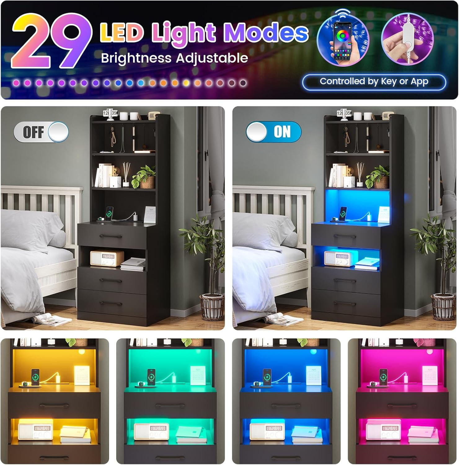 AOGLLATI Tall Nightstand with Charging Station and LED Lights Bookshelf, Bedside Table with 3 Drawers and Storage Shelves, End Side Table for Bedrooms