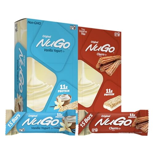 Variedad NuGo Original, yogur de vainilla 15 barras y ¡NUEVO! Churro 15 barras, 11 g de proteína, sin gluten, 30 unidades