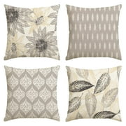 Smile Sunflower Pteridophyte Grey Throw Pillow Covers Spring Summer, 18x18 Inch Seasonal Cushion Case Decoration for Sofa Couch Set of 4