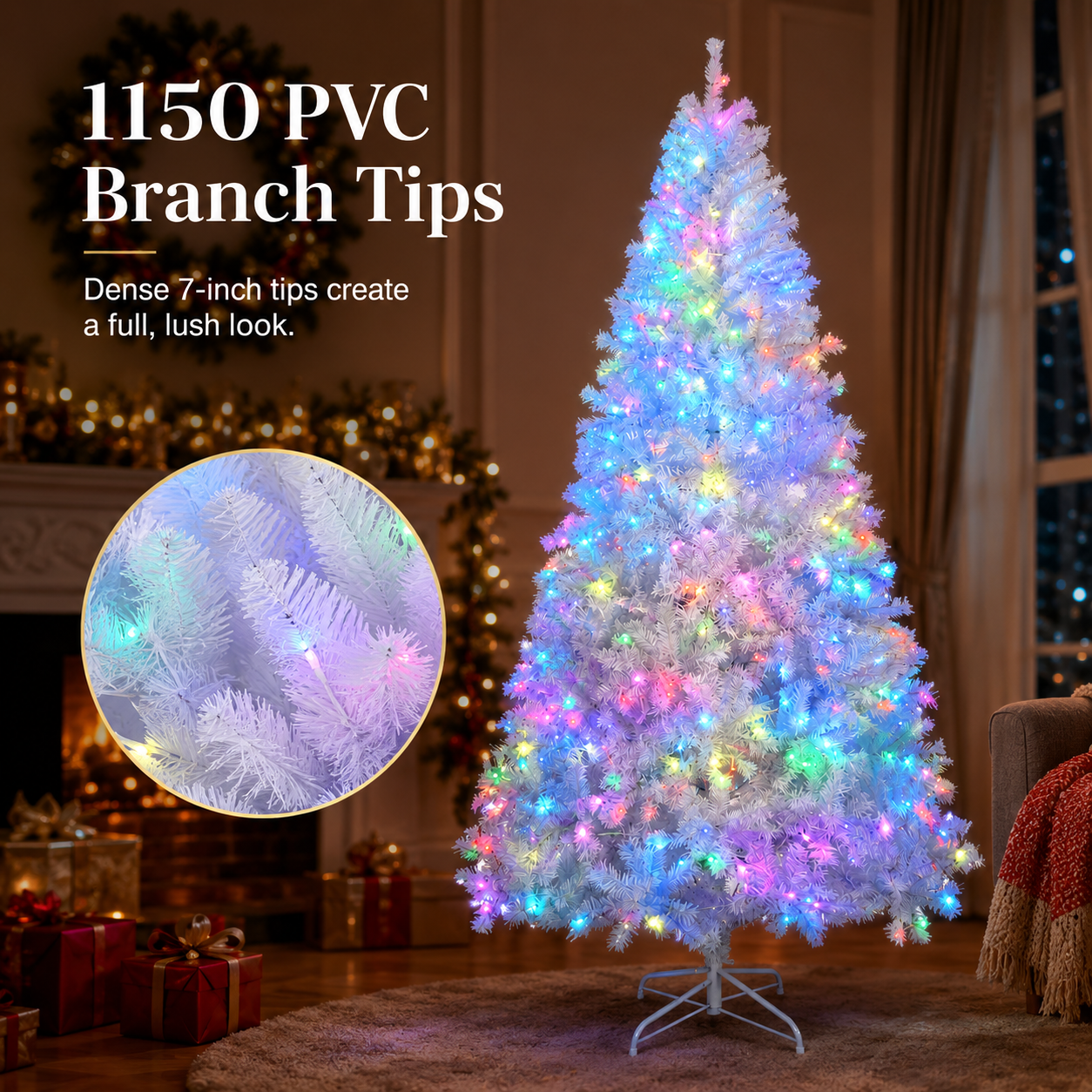 Alvantor 7 ft Pre-Lit Artificial Christmas Tree with 400 App-Controlled RGB LED Lights, Hinged Branches and 1150 PVC Tips, White