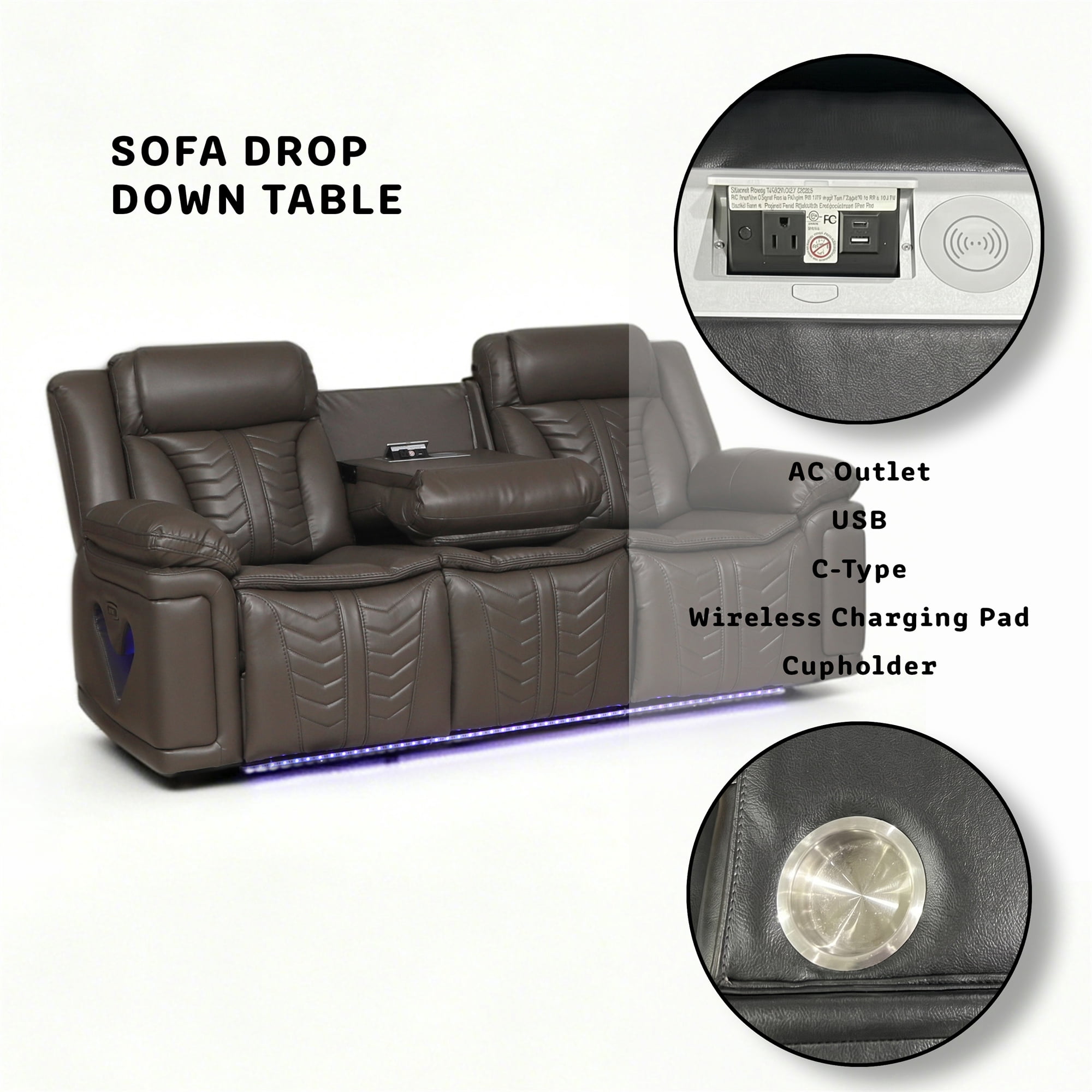Electra Luxury 2-Piece Power Reclining Living Room Set - Dark Brown Faux Leather Motion Sofa and Loveseat with LED Lighting, Bluetooth Speakers, Drop-Down Table, and Wireless Charging