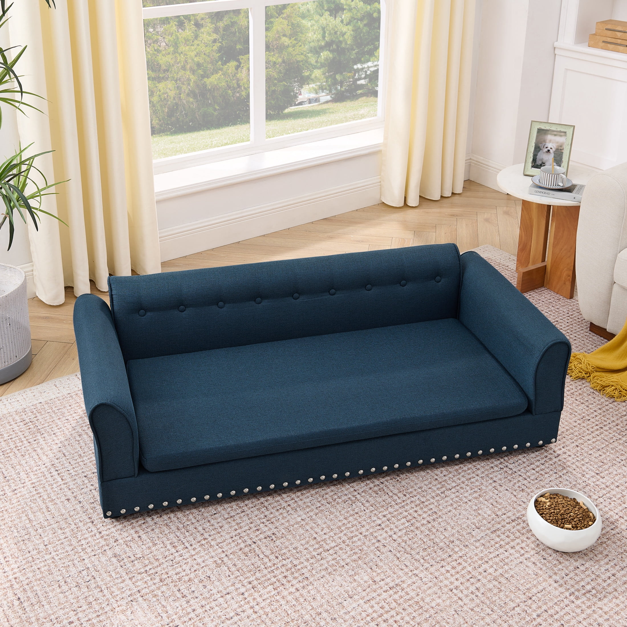 Noble House 55" Comfortable Elevated Pet Sofa, Elegant Oversized Linen Dog Bed with Support Armrests, Dark Blue