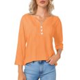thumbnail image 6 of 3/4 Length Sleeve Blouses for Women Summer Cotton Linen Fashion Solid Color Button Shirts Casual V-neck Loose Pullover Top, 6 of 9