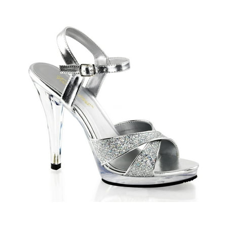 Womens Glam Silver Glitter Sandals with 4.5'' Clear Heels Strappy Dress Shoes