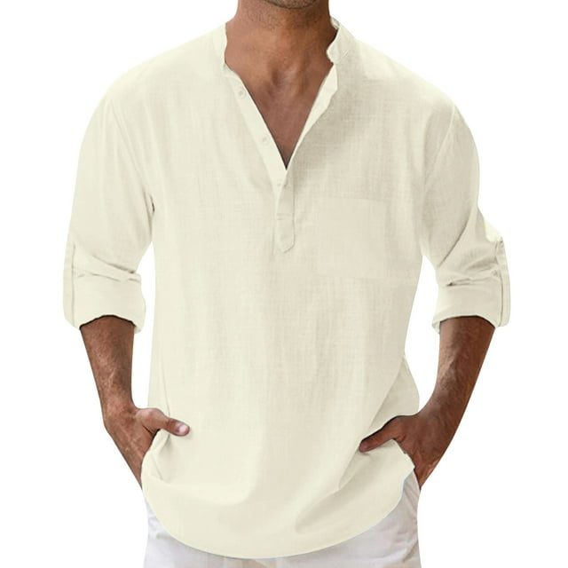 Chemise à Col Officier et Poche T-Shirts Henley en Coton et Lin pour Hommes Manches Longues Hippie Décontracté T-Shirts de Plage