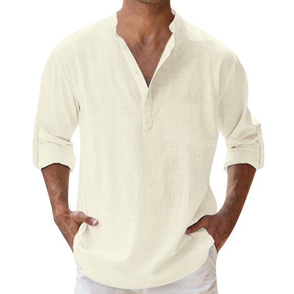 YUEVE Cotton Linen Shirts for Men Button Down Short Sleeve Shirt Office Shirts for Men Collarless Golf Shirt Mens Denim Shirt Polo T Shirt White Linen Shirt