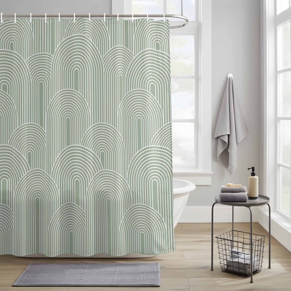 Bathroom Shower Curtain Boho Sage Green Geometric Line Waterproof Shower Curtains with Hooks, Vintage Mid Century Bath Curtains Bathtub Curtain Home Decor 36x72in