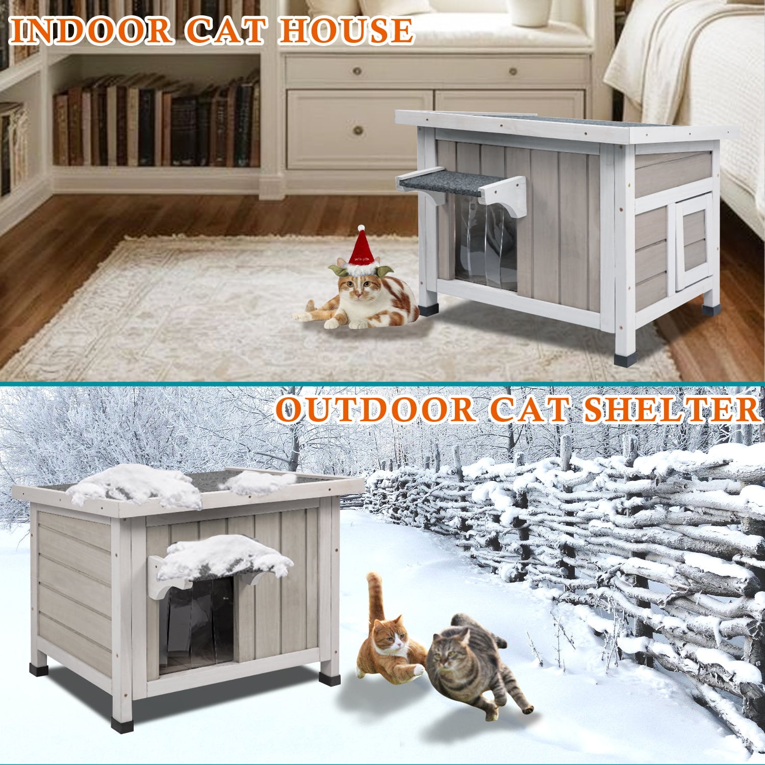 PETSCOSSET Insulated Cat House, Outdoor Small Feral Cat Shelter for Winter with Escape Door