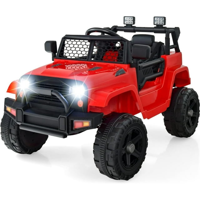 OLAKIDS Kids Ride On Truck, 12V Electric Vehicle Car with Remote Control, Toddlers Battery Powered Toy with 2 Speeds, Spring Suspension, Double Open Doors, LED Lights, Music, USB, Mp3