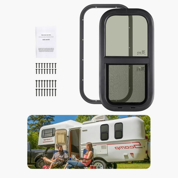 KFFKFF Upright RV Window, 12" Width x 24" Height, Shaded Sliding RV Window with Mesh Screen & Decorative Ring, Suitable for 15/16" - 1 3/4" Wall Thickness, Replacement RV Window