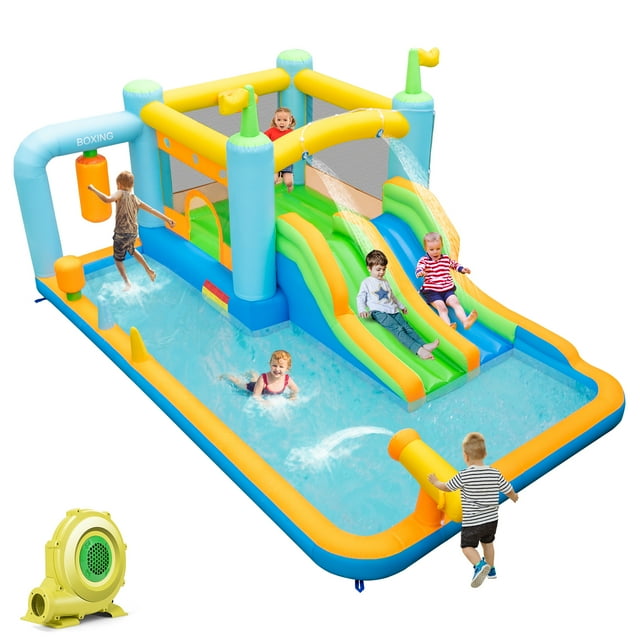 Patiojoy Inflatable Water Slide Park Giant Bounce House with Double Long Slides Boxing Splash Pool Jumping Area w/735W Blower