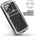 thumbnail image 3 of Estuche de metal para iPhone 14 Pro, carcasa resistente de aluminio de grado militar con soporte de metal, protector de pantalla, carcasa completa a prueba de caídas y golpes, color plateado, 3 of 8