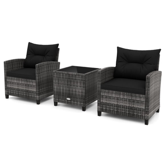Biotree 3 Pieces Outdoor Wicker Conversation Set with Tempered Glass Tabletop Outdoor Conversation Set for Garden Backyard Porch, Black