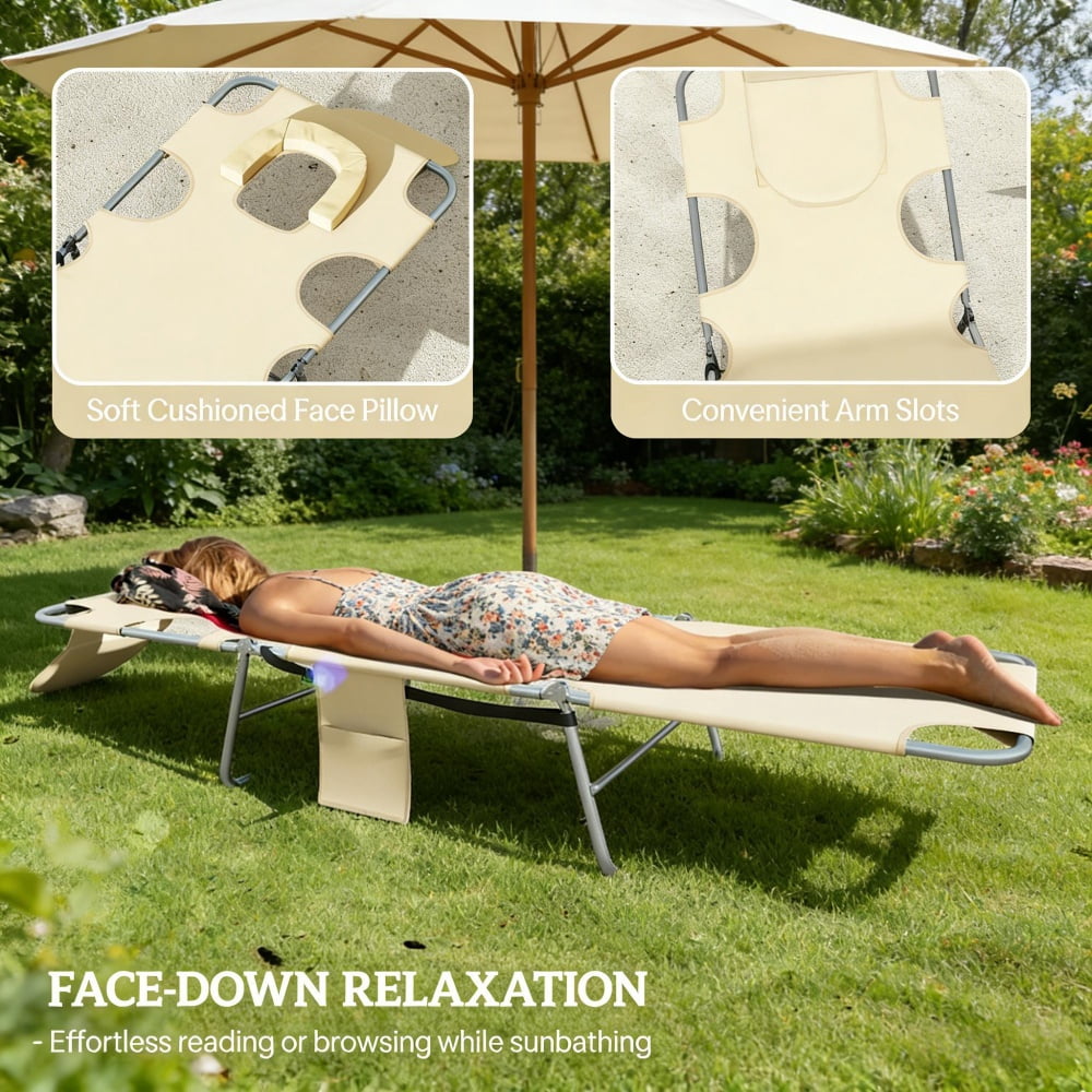 2-Pack Outdoor Folding Sun Lounger Set 5-Position Adjustable Backrest Face Cavity & Arm Slots Side Pocket Carry Strap Breathable Oxford Fabric Lounge Chair for Beach Pool Patio