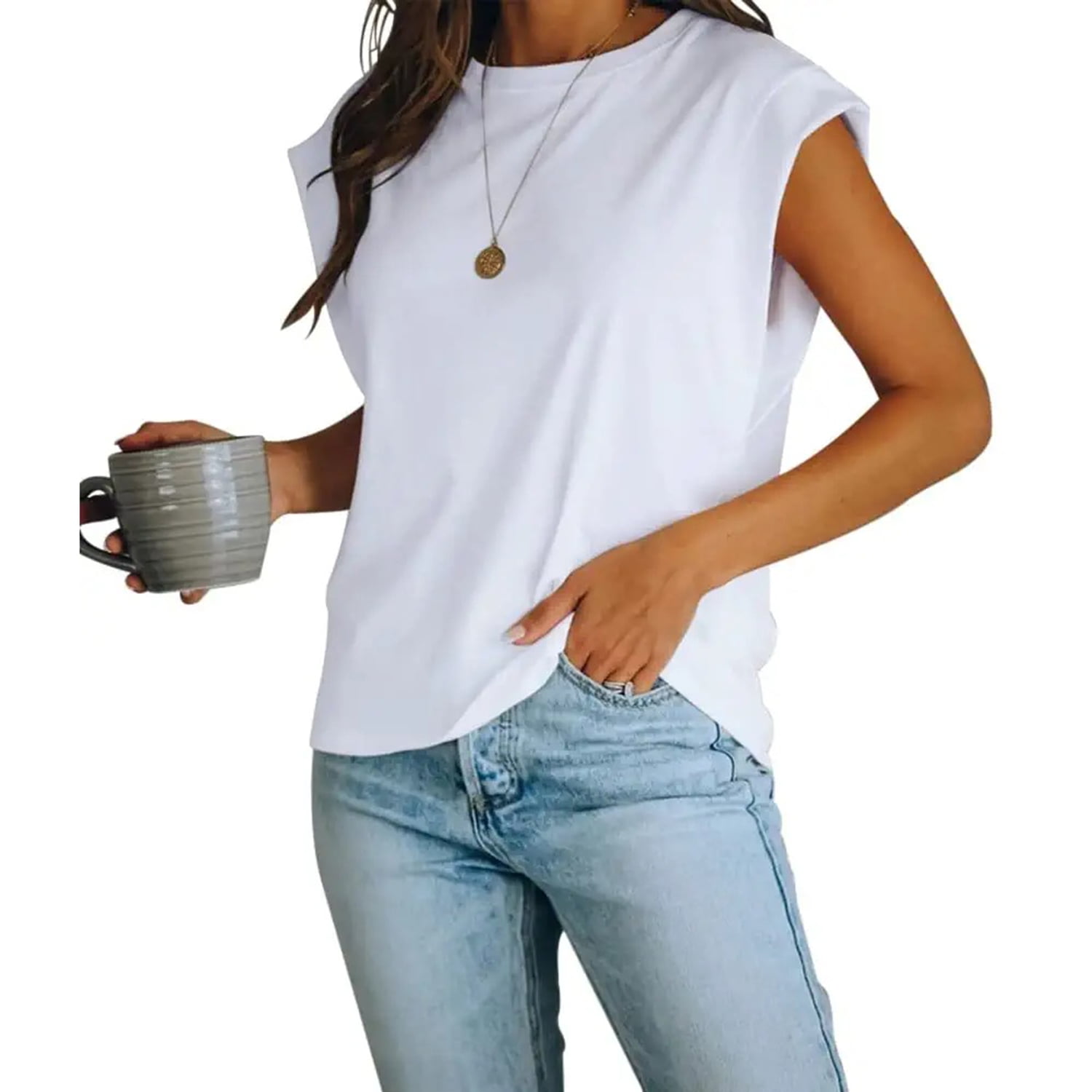 Veatzaer Women's Top Cap Sleeve Tank Top Crew Neck T-Shirt Loose Basic ...
