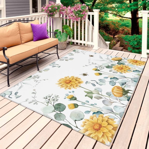 Spring Flowers Outdoor Rug 4x6 Ft, Non Slip Washable Area Rug, Watercolor Botanical Eucalyptus Leaves Patio Rugs Carpet Runner, Large Floor Mat for Indoor/Outdoor Deck Porch Camping
